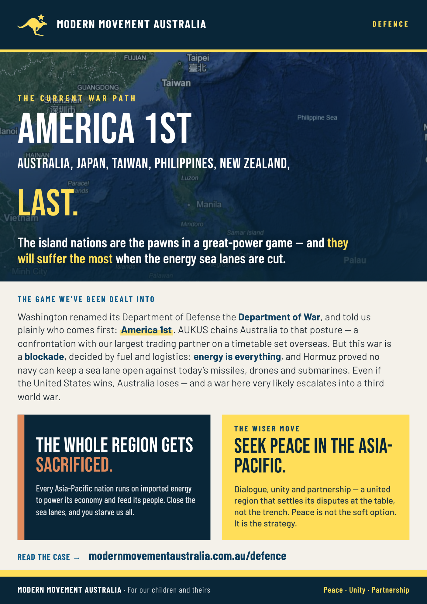 Flyer: America First, Australia Last — Australia is the pawn; seek peace in the Asia-Pacific