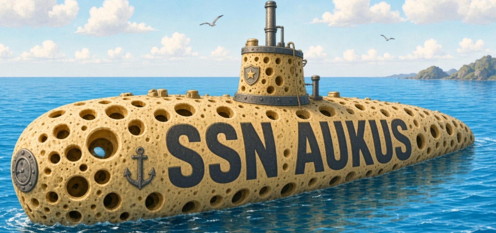A submarine riddled with holes, hull lettered SSN AUKUS